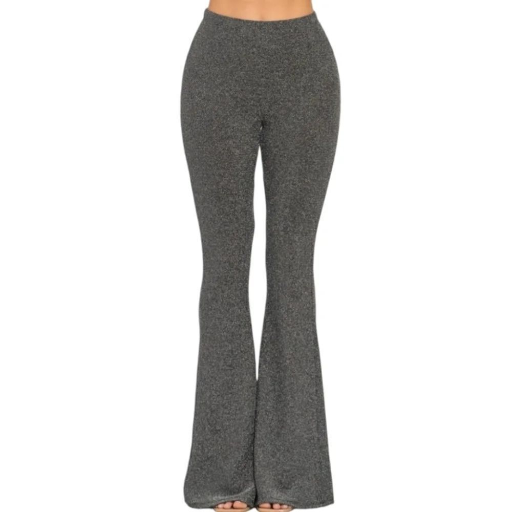 Lurex Flared Long Pants Bell Bottom Silver Gray Glitter Knit Jersey - Picture 3 of 13
